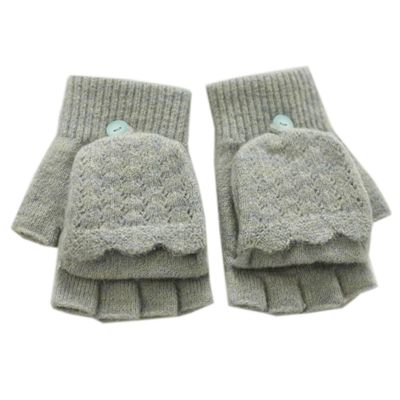 Flush of Dawn Winter Wool Gloves Women Convertible Fingerless Gloves Thickened Warm Fleece Knitted Gloves Touchscreen Knit Gloves (Gray green)