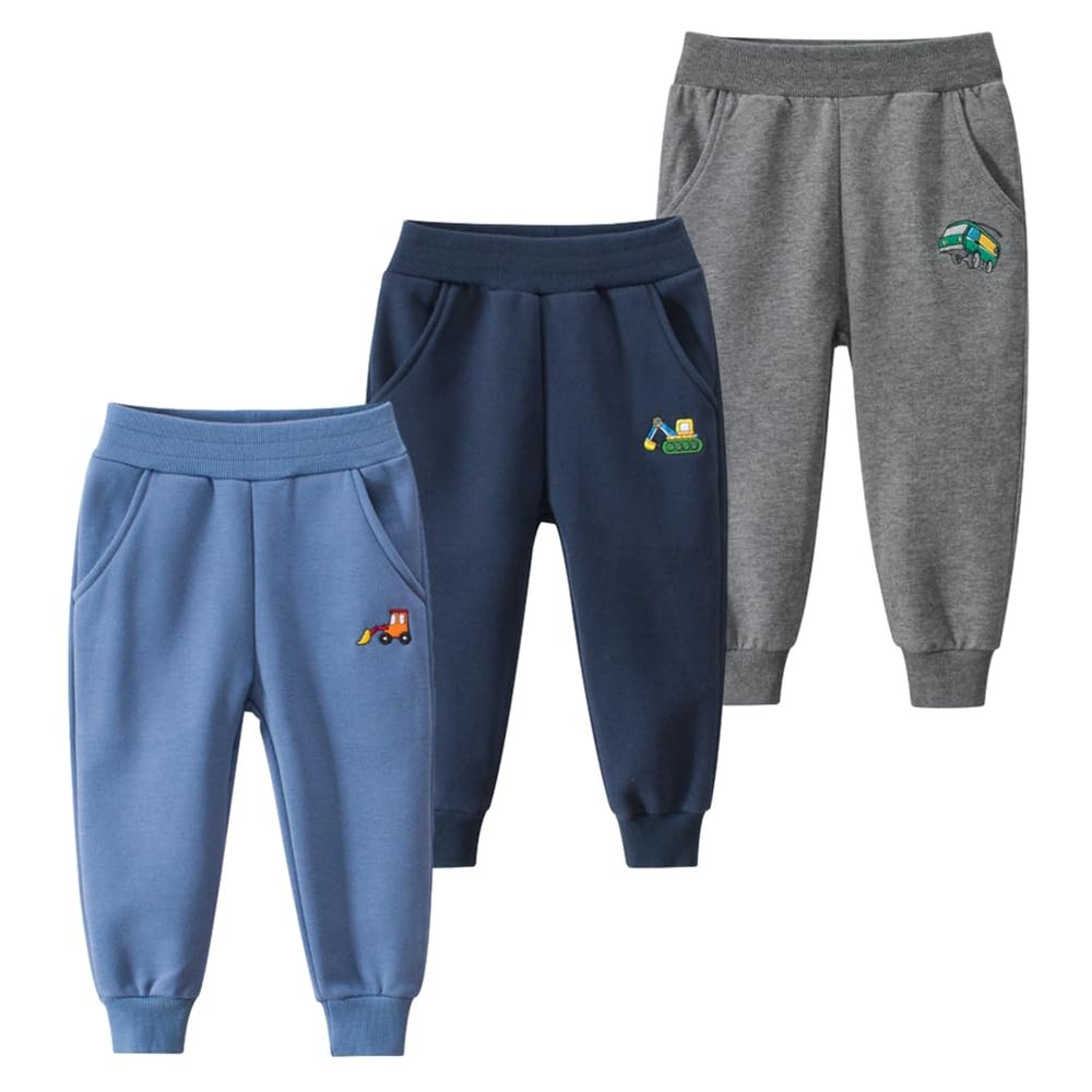 GFQLONG Toddler Boys 3 Pack Cotton Active Jogger Pants, Kids Cartoon Sweatpants Casual Lounging Bottoms, Excavator+ Bulldozer+ Bus 2-3T