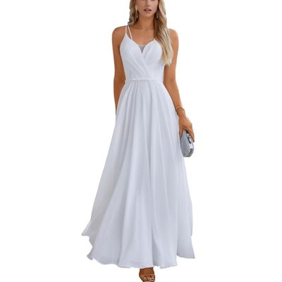 DKZQQ Bridesmaid Dresses for Women White Chiffon Sequin Spaghetti Straps V Neck Formal Dresses Size 2
