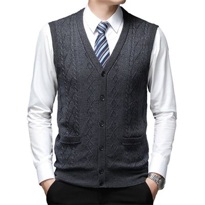 Men's V-Neck Button Up Vest Sleeveless Casual Knitwear Ribbed Knit Slim Fit Cardigan with Pocket (Large,Dark Gray)