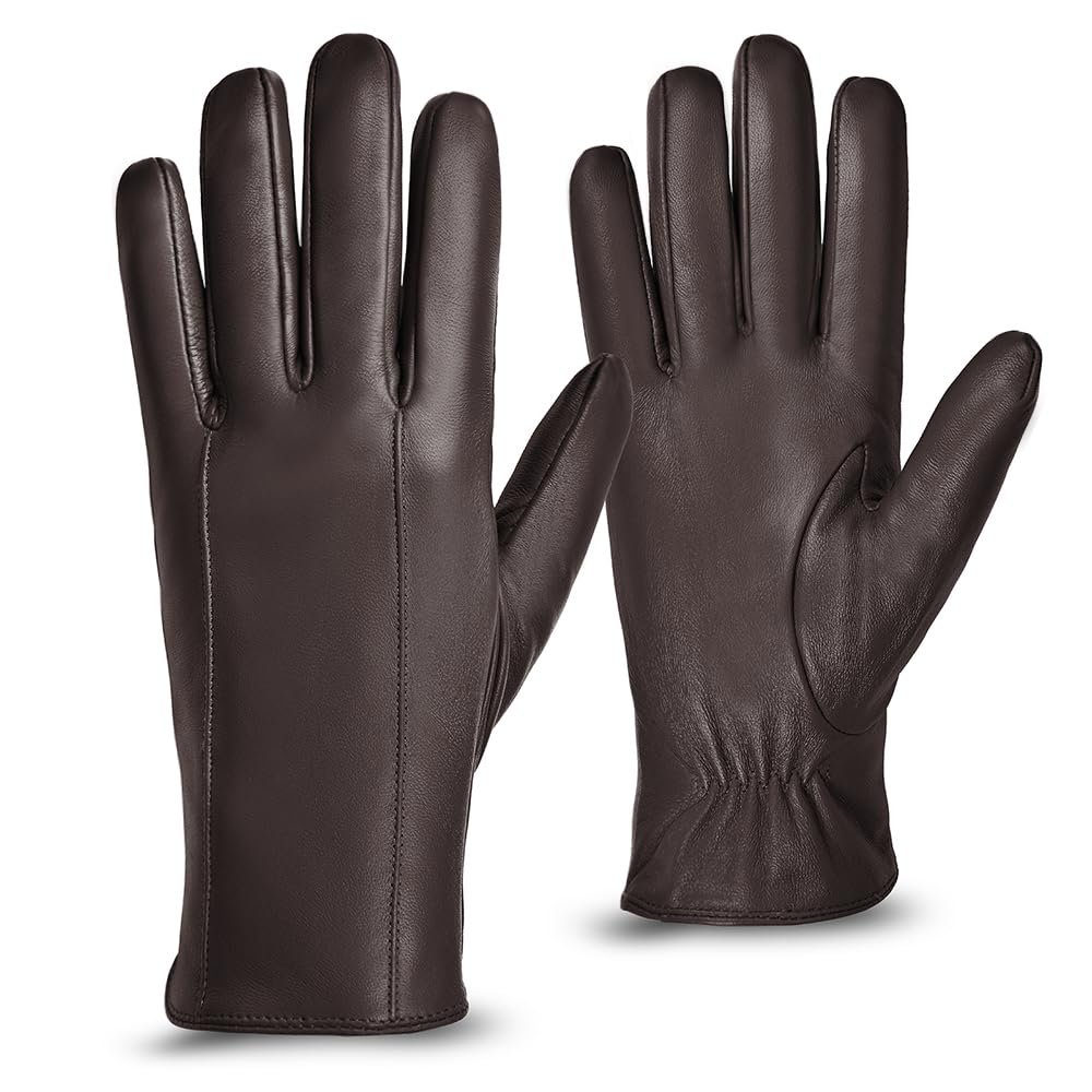 MGGMOKAY Mens Leather Gloves Sheepskin Winter Gloves with Cashmere Lined,Brown,S