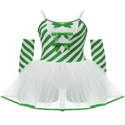 HULIJA Women Xmas Candy Cane Leotard Spaghetti Straps Bowknot Tutu Dress Figure Ice Skating Dance Unitard Green 3X-Large