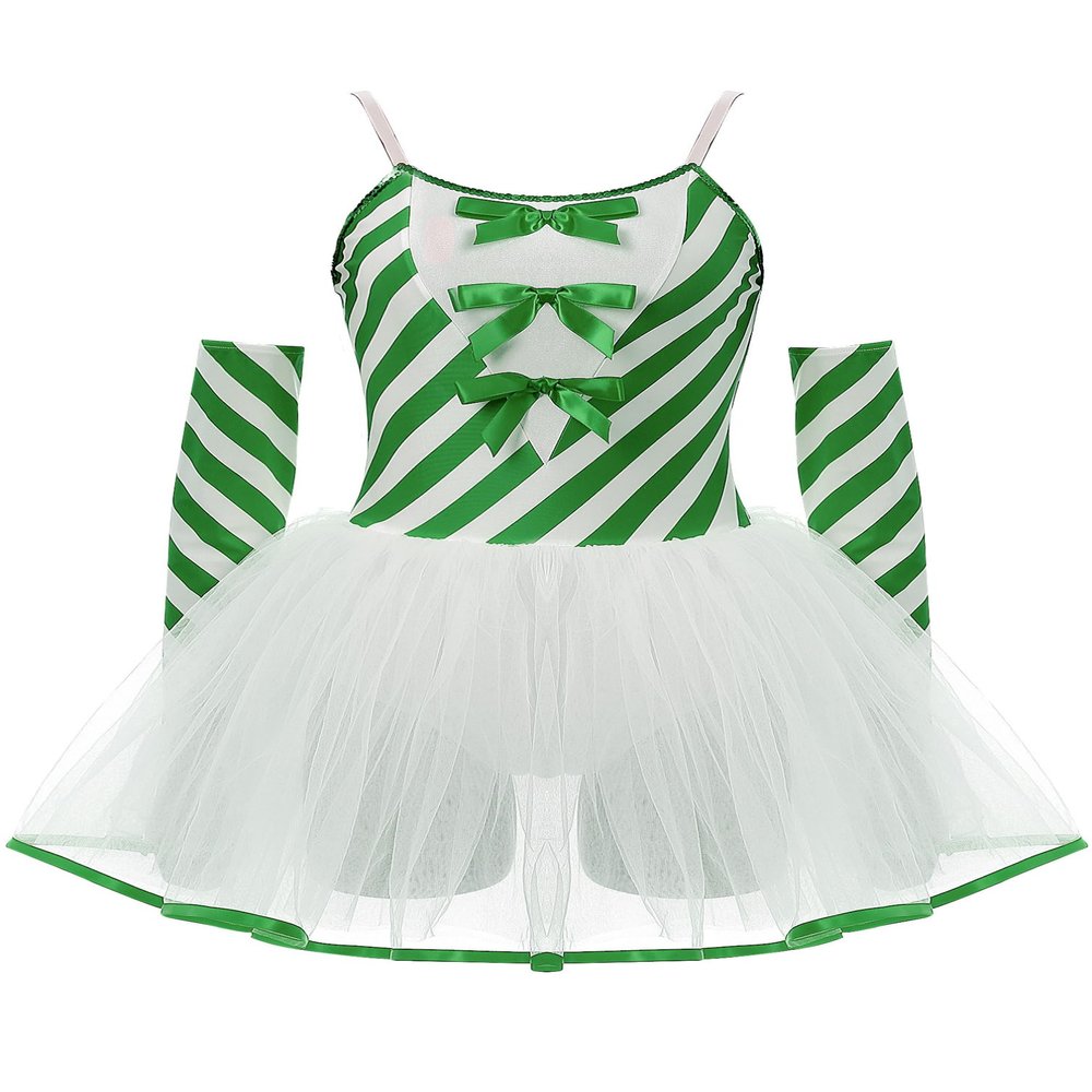 HULIJA Women Xmas Candy Cane Leotard Spaghetti Straps Bowknot Tutu Dress Figure Ice Skating Dance Unitard Green 3X-Large