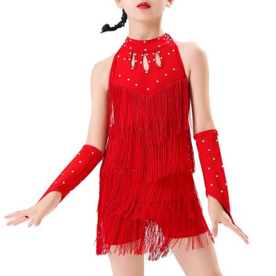 Agoky Girls Sequins Tassel Ballet Jazz Latin Dance Dress for Children Hip Hop Chacha Tap Rumba Performance Costume Dancewear Red C 13-14 Years
