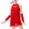 Agoky Girls Sequins Tassel Ballet Jazz Latin Dance Dress for Children Hip Hop Chacha Tap Rumba Performance Costume Dancewear Red C 13-14 Years view 1