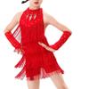 Agoky Girls Sequins Tassel Ballet Jazz Latin Dance Dress for Children Hip Hop Chacha Tap Rumba Performance Costume Dancewear Red C 13-14 Years view 2