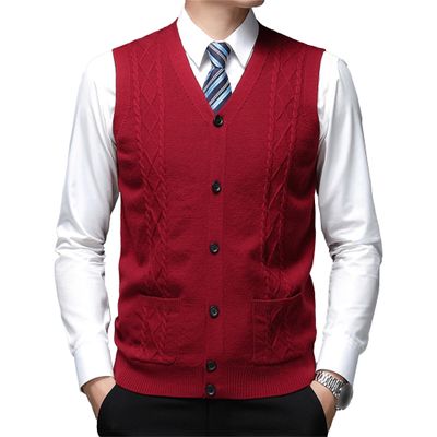 Men's V-Neck Button Up Vest Male Sleeveless Casual Sweater Knitwear Ribbed Knit Slim Fit Cardigan with Pocket (Large,Red)