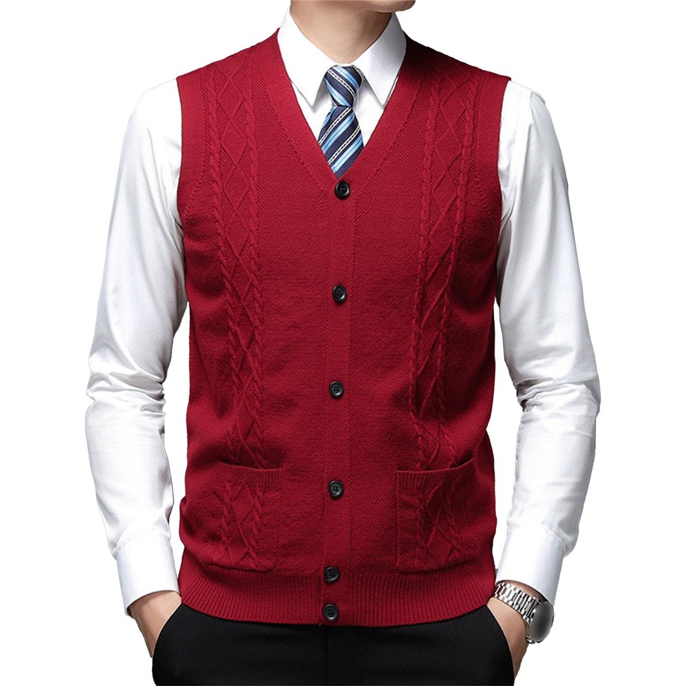 Men's V-Neck Button Up Vest Male Sleeveless Casual Sweater Knitwear Ribbed Knit Slim Fit Cardigan with Pocket (Large,Red)