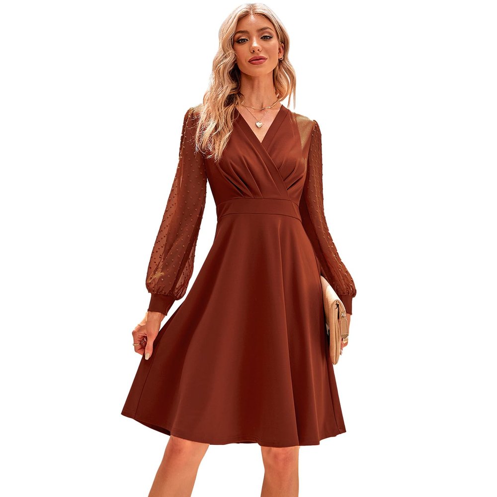 IKADEX Women Swiss Dot Bishop Long Sleeves V Neck A-line Cocktail Dress Winter Fall Wedding Guest Dresses Rust L