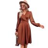 IKADEX Women Swiss Dot Bishop Long Sleeves V Neck A-line Cocktail Dress Winter Fall Wedding Guest Dresses Rust L view 3
