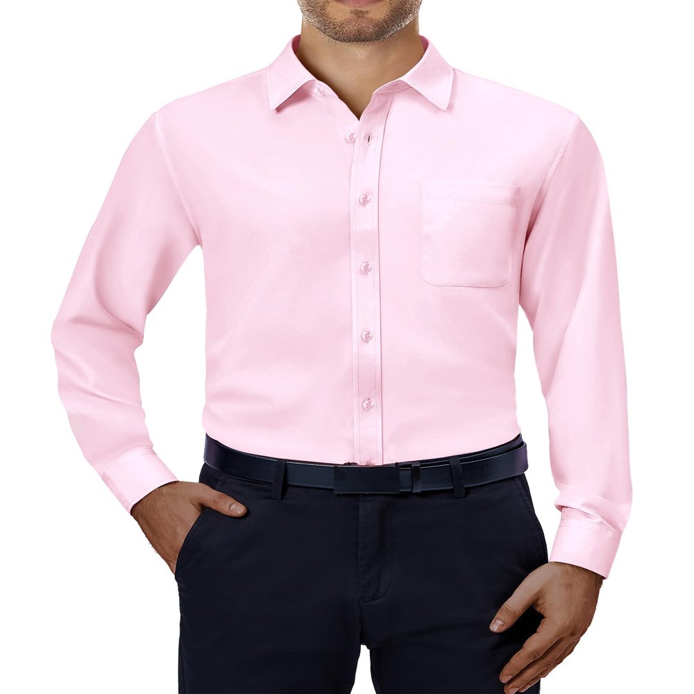 Alimens & Gentle Mens Dress Shirts 4-Way Stretch Long Sleeve Collared Casual Solid Wedding Dating Button Down Shirt Pink