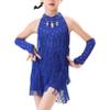 Agoky Girls Sequins Tassel Ballet Jazz Latin Dance Dress for Children Hip Hop Chacha Tap Rumba Performance Costume Dancewear Royal Blue C 5-6 Years view 1