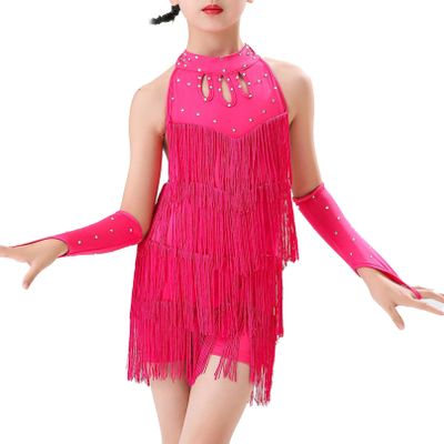 Agoky Girls Sequins Tassel Ballet Jazz Latin Dance Dress for Children Hip Hop Chacha Tap Rumba Performance Costume Dancewear Hot Pink C 5-6 Years