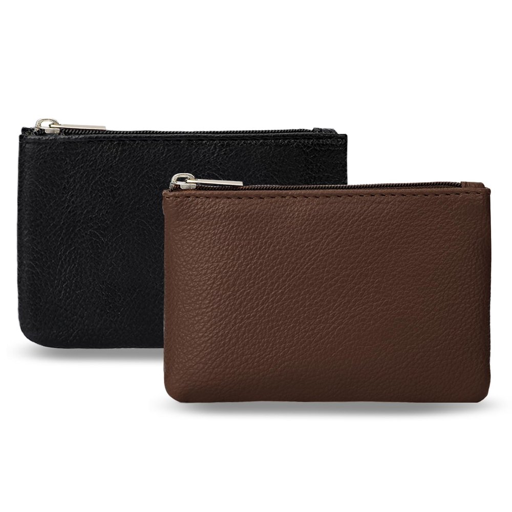 2 Pack Portable PU Leather Mini Coin Purse with Zipper for Women - Credit Card, Folded Bills, ID, Key, Headset, Lipstick (Black & Coffee)