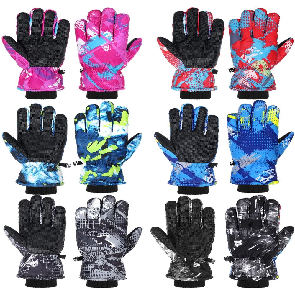 Bencailor 6 Pairs Kids Winter Gloves Waterproof Ski Glove Boy Girl Warm Snow Snowboard Mittens for Cold Unisex(Red Blue Dark Pink Gray Custom Green Custom Black,8-12 Years,Fashion,Marble)