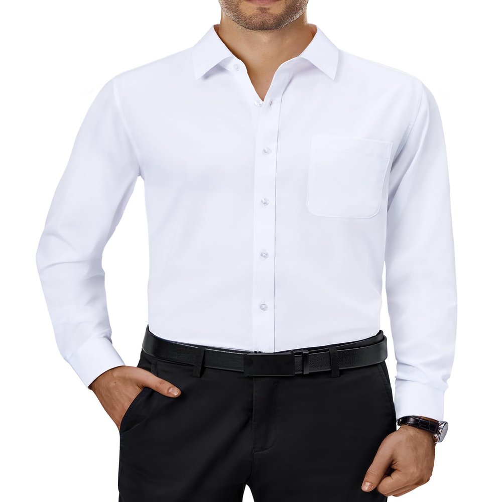Alimens & Gentle Mens Dress Shirts 4-Way Stretch Long Sleeve Collared Casual Solid Wedding Dating Button Down Shirt White