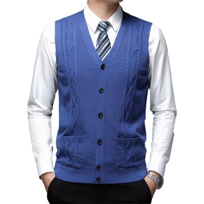 Men's V-Neck Button Up Vest Male Sleeveless Casual Sweater Knitwear Ribbed Knit Slim Fit Cardigan with Pocket (XX-Large,Blue)