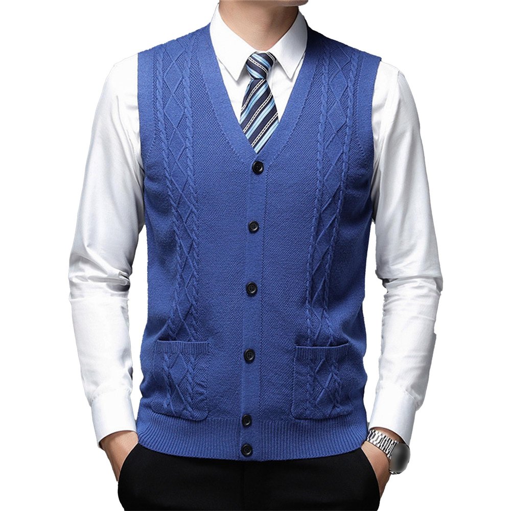 Men's V-Neck Button Up Vest Male Sleeveless Casual Sweater Knitwear Ribbed Knit Slim Fit Cardigan with Pocket (XX-Large,Blue)