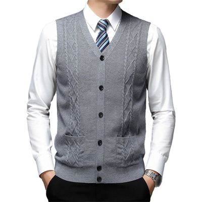 Men's V-Neck Button Up Vest Male Sleeveless Casual Sweater Knitwear Ribbed Knit Slim Fit Cardigan with Pocket (X-Large,Gray)