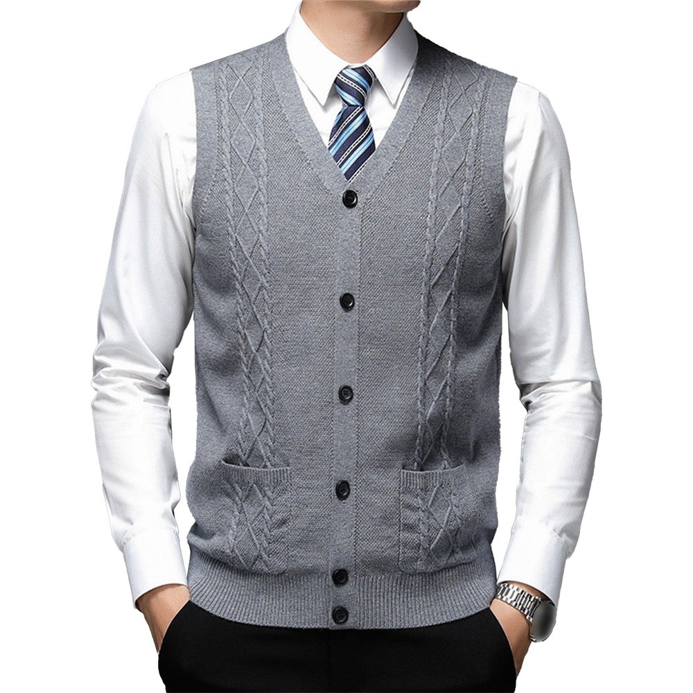 Men's V-Neck Button Up Vest Male Sleeveless Casual Sweater Knitwear Ribbed Knit Slim Fit Cardigan with Pocket (X-Large,Gray)