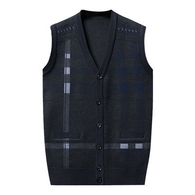 Men's Vest Cardigan Male V-Neck Button Up Sleeveless Sweater Man Plaid Slim Fit Casual Knitwear (Medium,Black)