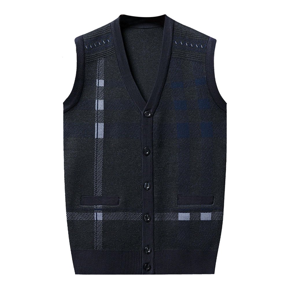 Men's Vest Cardigan Male V-Neck Button Up Sleeveless Sweater Man Plaid Slim Fit Casual Knitwear (Medium,Black)