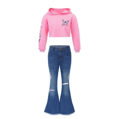 Agoky Girl's Playwear Set 2Pcs Fashion Clothes Crop Tops with Jeans Suit Casual Clothing Sets 6-16 Years Pink 14 Years
