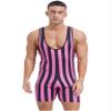 LiiYii Men's Strong Man Costume Striped Wrestling Singlet Bodysuits Circus Muscle Costume for Halloween Pink Medium view 1