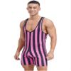 LiiYii Men's Strong Man Costume Striped Wrestling Singlet Bodysuits Circus Muscle Costume for Halloween Pink Medium view 2