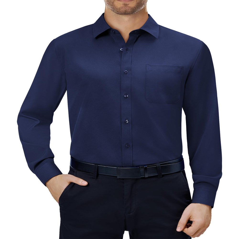 Alimens & Gentle Mens Long Sleeve Dress Shirts Navy Blue Stretch Wrinkle Free Business Casual Button Up Shirt with Pocket