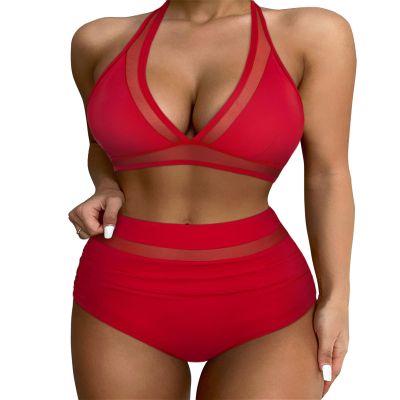 SUUKSESS Women Sexy High Waisted Bikini Sets Mesh Tummy Control Two Piece Swimsuits Halter Push Up Bathing Suits(Red,M)