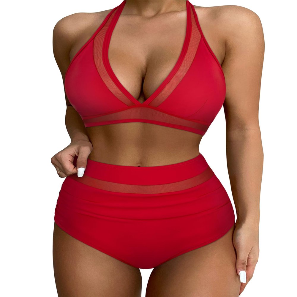 SUUKSESS Women Sexy High Waisted Bikini Sets Mesh Tummy Control Two Piece Swimsuits Halter Push Up Bathing Suits(Red,M)