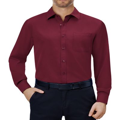 Alimens & Gentle Maroon Dress Shirt Men Stretch Wrinkle Free Long Sleeve Collared Formal Casual Button Down Shirt with Pocket