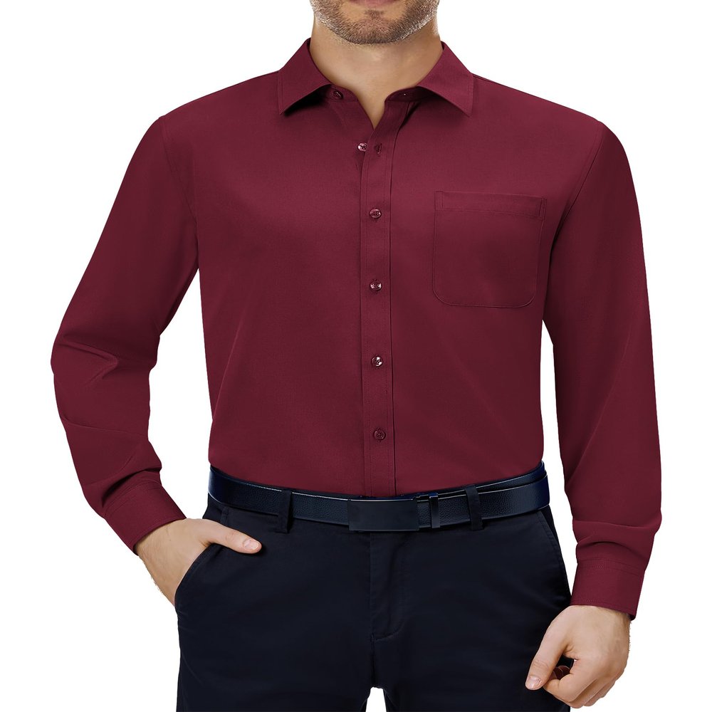 Alimens & Gentle Maroon Dress Shirt Men Stretch Wrinkle Free Long Sleeve Collared Formal Casual Button Down Shirt with Pocket