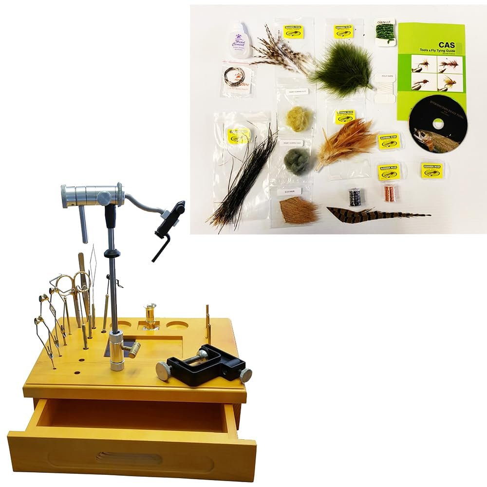 Delux Fly-Tying Material KIT for Tying 6 Basic Flies with DVD and Instruction Booklet Beginner Fly Tying KIT Fly Tying Classes Fly Tying Gift & Wooden Fly Tying Kit Ez Vise