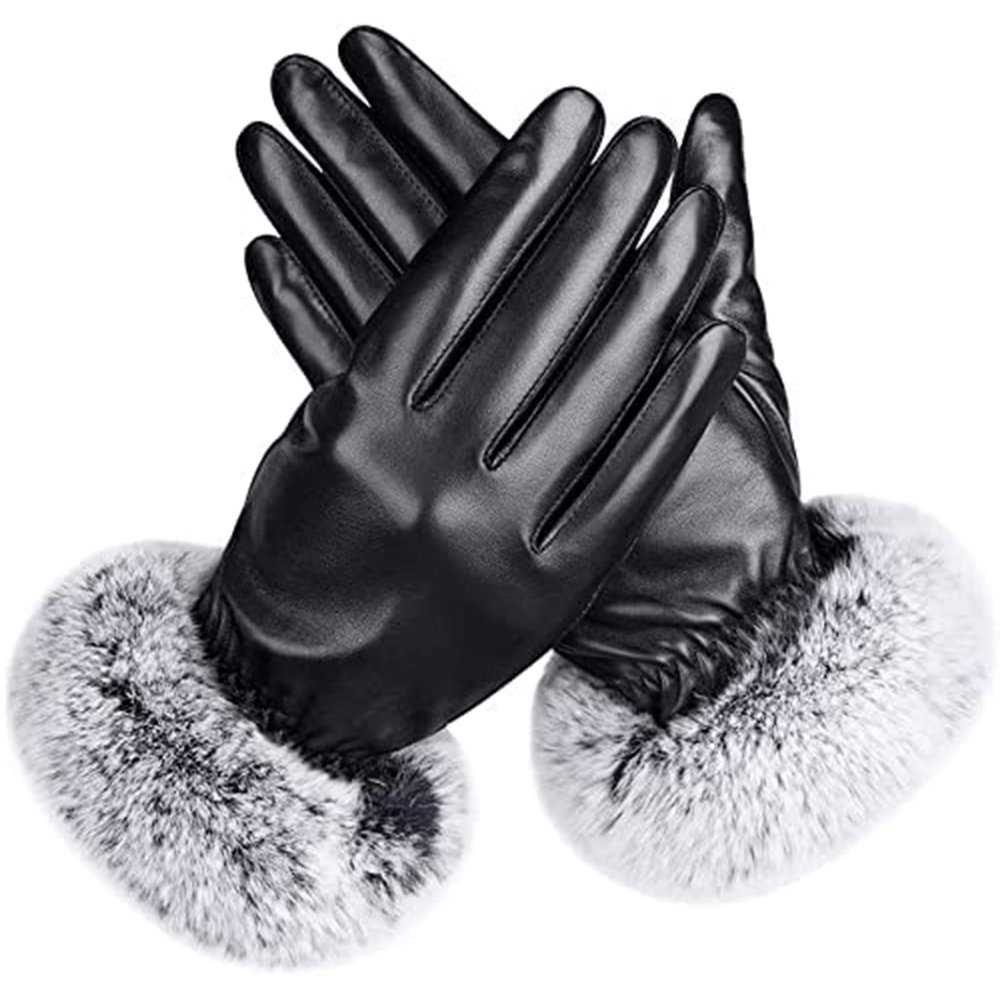 Gloves Artificial Leather Gloves, Touchscreen Mitten with Fur Ball, Ladies Warm Winter Full Finger Gloves, Fashion Gloves, Black Full Finger