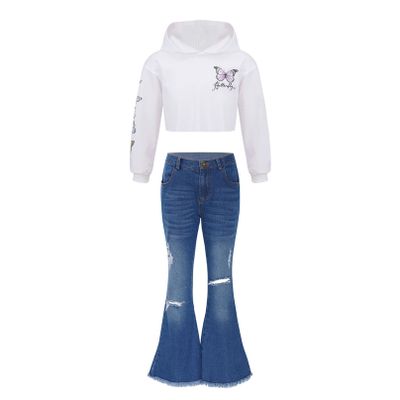 Agoky Girl's Playwear Set 2Pcs Fashion Clothes Crop Tops with Jeans Suit Casual Clothing Sets 6-16 Years Grey 10 Years