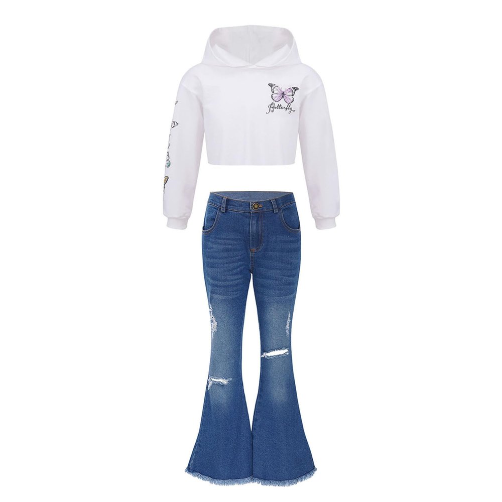 Agoky Girl's Playwear Set 2Pcs Fashion Clothes Crop Tops with Jeans Suit Casual Clothing Sets 6-16 Years Grey 10 Years