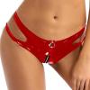 Women's Metallic Faux Leather Shorts Cutout Low Waist Shiny Sparkly Rave Pants Zipper Crotch Booty Shorts Thong Briefs Rave Festival Outfit view 2