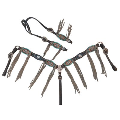 MOUSM Genuine Argentina Cow Leather Headstall Breast Collar Set Decorated with Turquoise and Copper Studs & Carved Leather Patches with Beige Fringe