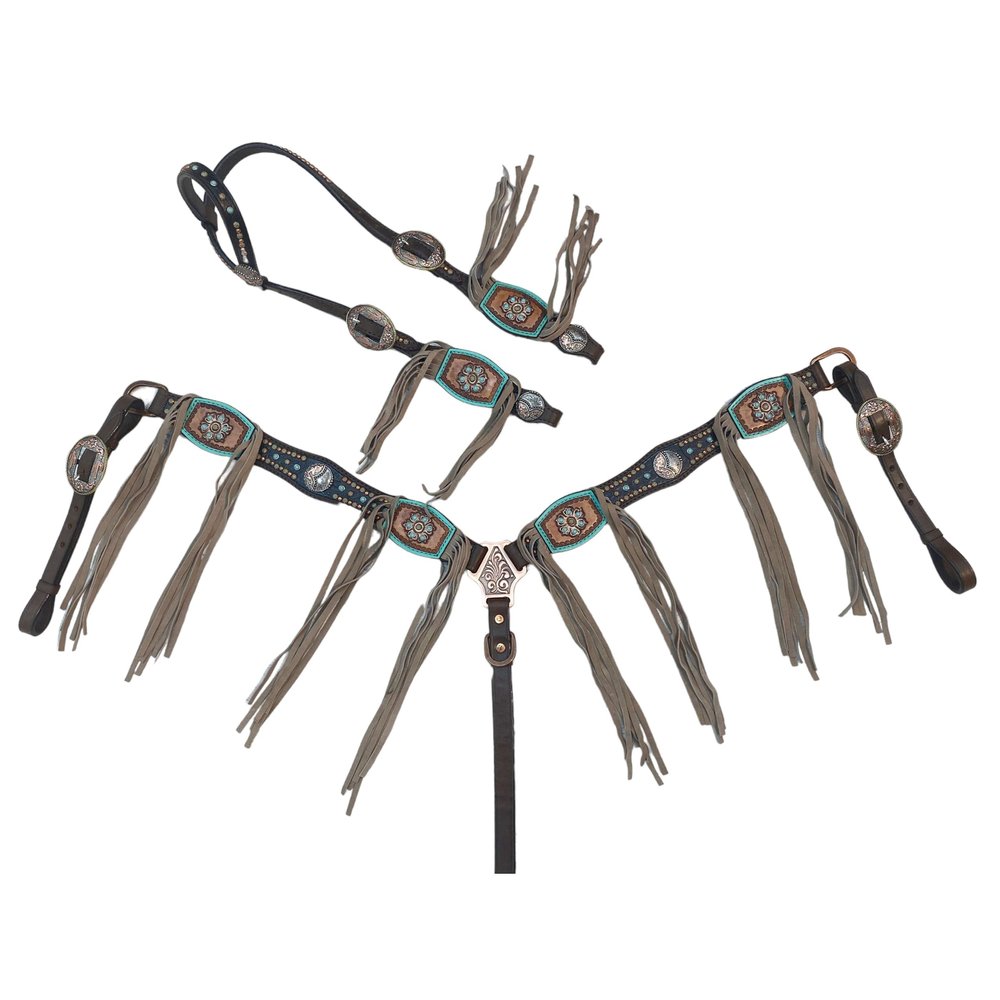 MOUSM Genuine Argentina Cow Leather Headstall Breast Collar Set Decorated with Turquoise and Copper Studs & Carved Leather Patches with Beige Fringe