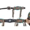 MOUSM Genuine Argentina Cow Leather Headstall Breast Collar Set Decorated with Turquoise and Copper Studs & Carved Leather Patches with Beige Fringe view 3