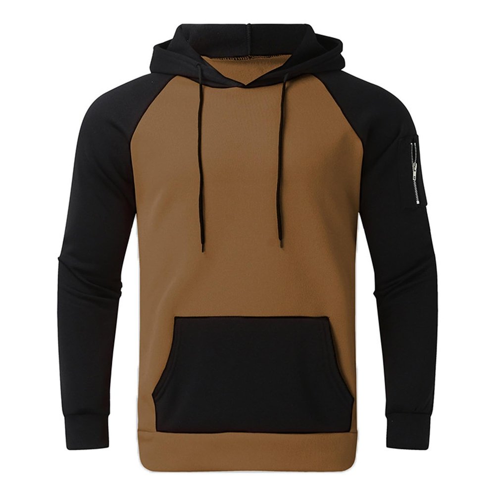 Sweatshirts for Men Trendy Color Block Hoodies Fleece Long Sleeve Hooded Pullover Casual Patchwork Tops with Pocket Zip Hoodies For Men Black Crewneck Sweatshirt Womans Clothing,(A-Khaki,M)