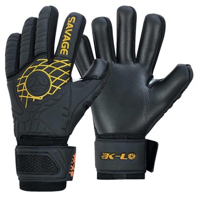 K-LO Goalkeeper Gloves: Savage Blackout Soccer Goalie Glove - Black/Yellow/Orange - Size 5 (Unisex, Youth & Adult Sizes) - Finger Spine Protection with Super Sticky Grip Palm