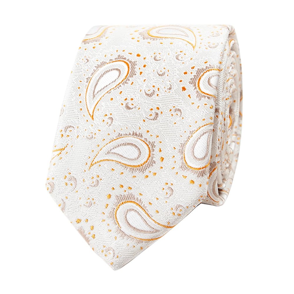 Pirlim Men's Paisley Design Skinny Neck Ties, Floral Formal Jacquard Woven Silk Necktie Ties for Business Wedding (Beige & Yellow Paisley)