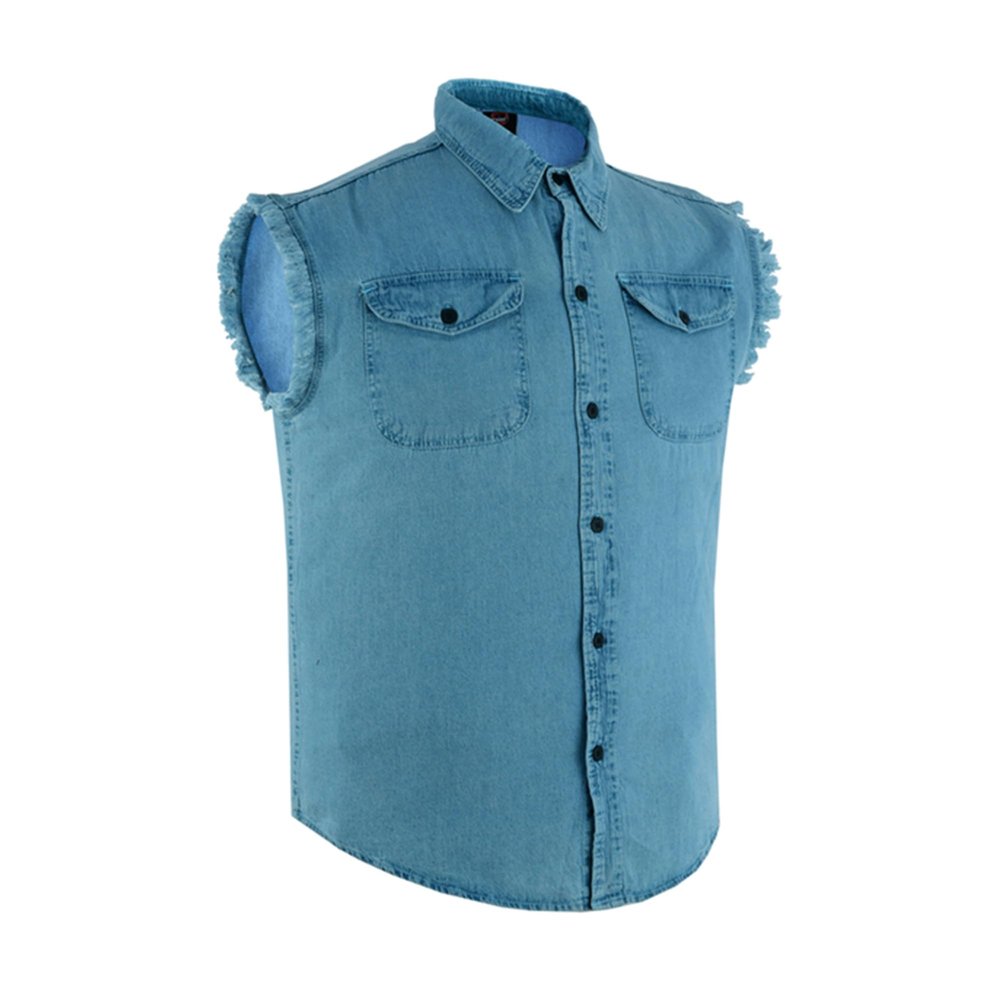 Daniel Smart Cotton Denim Sleeveless Frayed Design Button Down Shirts for Men - Cut Off Denim Shirt with Chest Pockets Bllue