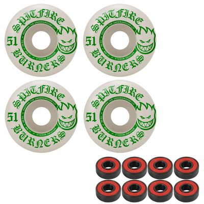 Spitfire Skateboard Wheels Burners 51mm 99A White/Green with ABEC 5 Bearings