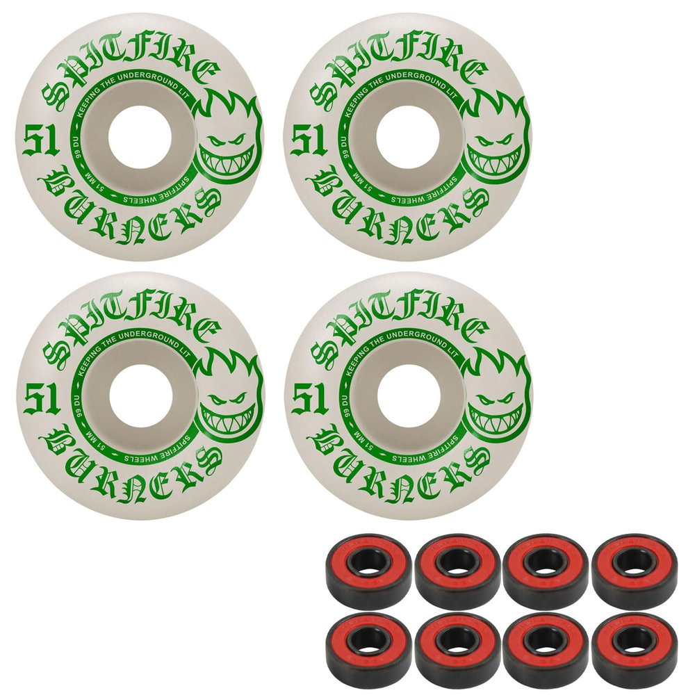 Spitfire Skateboard Wheels Burners 51mm 99A White/Green with ABEC 5 Bearings