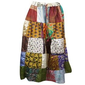 Womens Multicolor Patchwork Maxi Skirt, Recycle Silk Sari Summer Beach hippy Skirts S/M