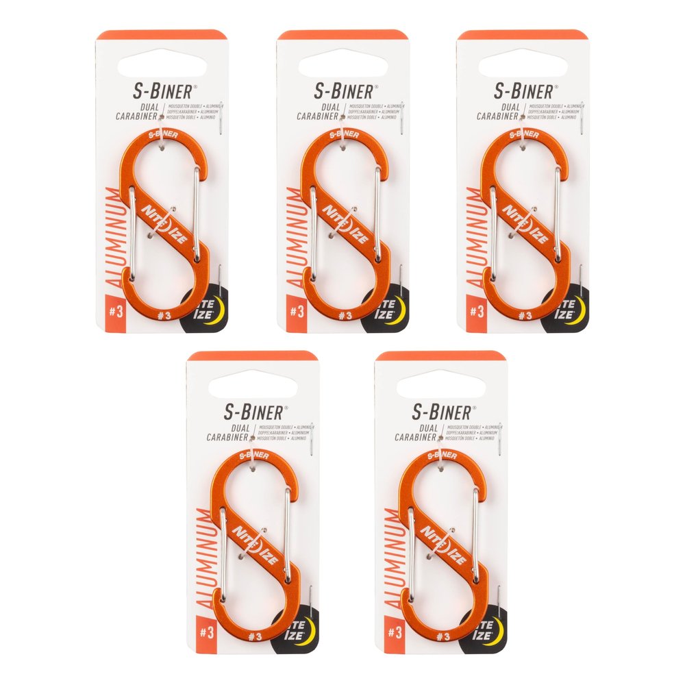 Nite Ize S-Biner Aluminum Dual Carabiner - Durable Dual Carabiner with Wire Gate Closure for Organizing Keys & Gear Attachments - Size 3, Orange (5 Pack)